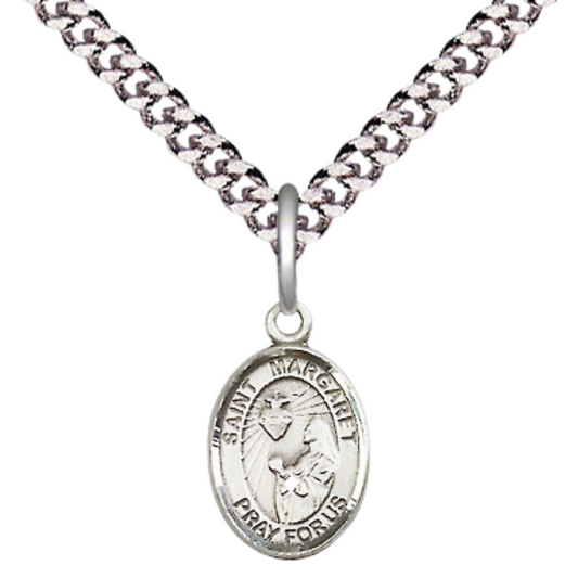 Small Sized Men's Pewter Saint St. Margaret Mary Alacoque Medal Pendant on 24 Inch Endless Rhodium Plated Heavy Curb Brass Chain, Catholic Religious Necklace - Made in USA- Deluxe Velvet Gift Box