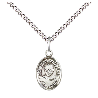 Small Sized Women's .925 Sterling Silver Saint St. Maximilian Kolbe Medal Pendant on 18 Inch Rhodium Plated Lite Curb Brass Chain with Lobster Claw Clasp, Catholic Religious Necklace - Made in USA- Velvet Gift Box