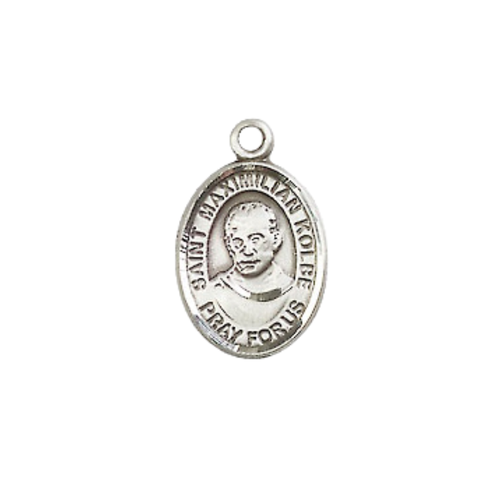 Small Sized Women's Pewter Saint St. Maximilian Kolbe Medal Pendant on 18 Inch Rhodium Plated Lite Curb Brass Chain with Lobster Claw Clasp, Catholic Religious Necklace - Made in USA- Velvet Gift Box