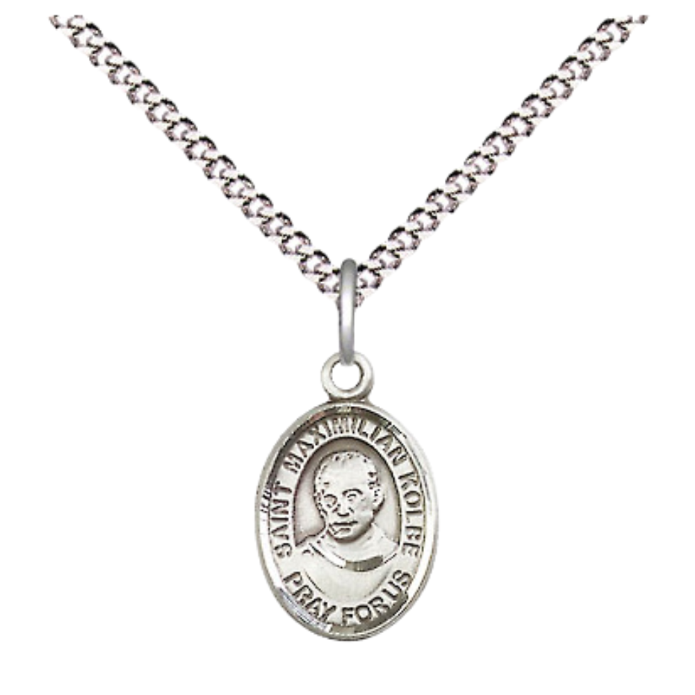 Small Sized Women's Pewter Saint St. Maximilian Kolbe Medal Pendant on 18 Inch Rhodium Plated Lite Curb Brass Chain with Lobster Claw Clasp, Catholic Religious Necklace - Made in USA- Velvet Gift Box