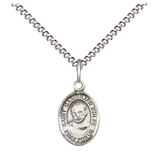 Small Sized Women's .925 Sterling Silver Saint St. Maximilian Kolbe Medal Pendant on 18 Inch Rhodium Plated Lite Curb Brass Chain with Lobster Claw Clasp, Catholic Religious Necklace - Made in USA- Velvet Gift Box