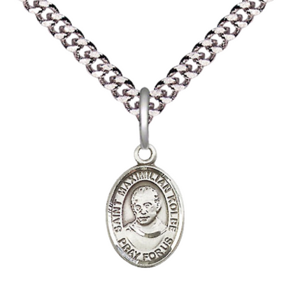 Small Sized Men's Pewter Saint St. Maximilian Kolbe Medal Pendant on 24 Inch Endless Rhodium Plated Heavy Curb Brass Chain, Catholic Religious Necklace - Made in USA- Deluxe Velvet Gift Box