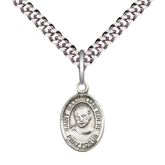 Small Sized Men's Pewter Saint St. Maximilian Kolbe Medal Pendant on 24 Inch Endless Rhodium Plated Heavy Curb Brass Chain, Catholic Religious Necklace - Made in USA- Deluxe Velvet Gift Box