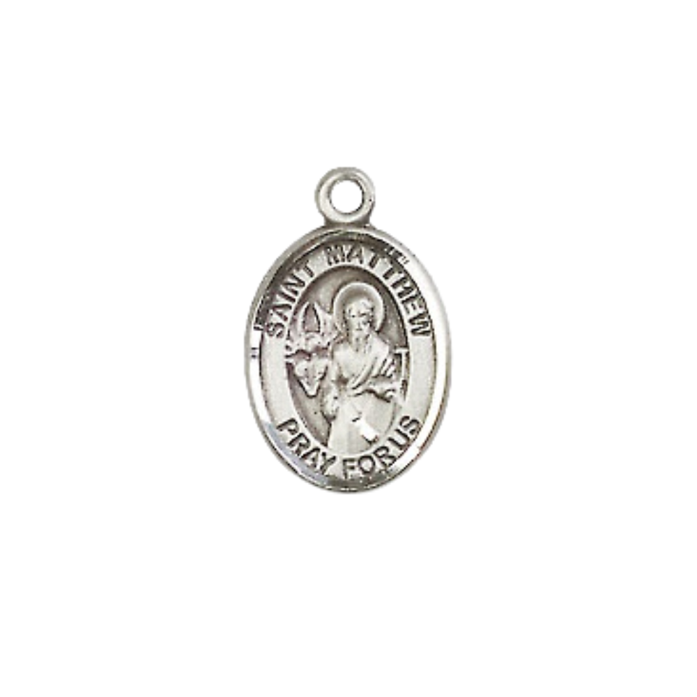 Small Sized Women's Pewter Saint St. Matthew the Apostle Medal Pendant on 18 Inch Rhodium Plated Lite Curb Brass Chain with Lobster Claw Clasp, Catholic Religious Necklace - Made in USA- Velvet Gift Box