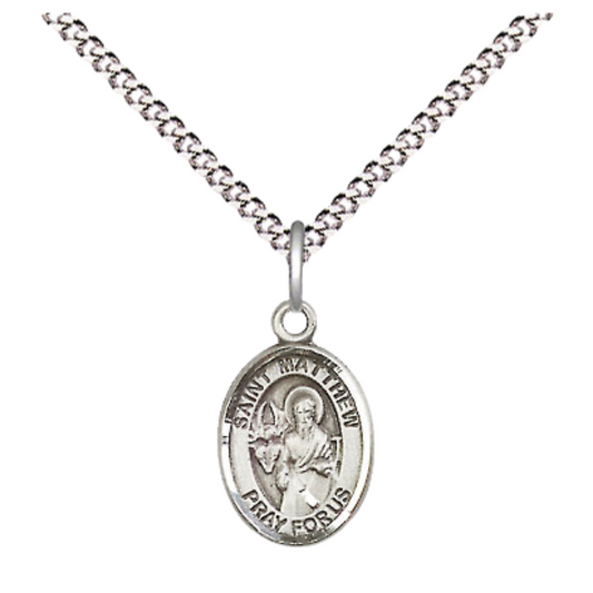 Small Sized Women's Pewter Saint St. Matthew the Apostle Medal Pendant on 18 Inch Rhodium Plated Lite Curb Brass Chain with Lobster Claw Clasp, Catholic Religious Necklace - Made in USA- Velvet Gift Box