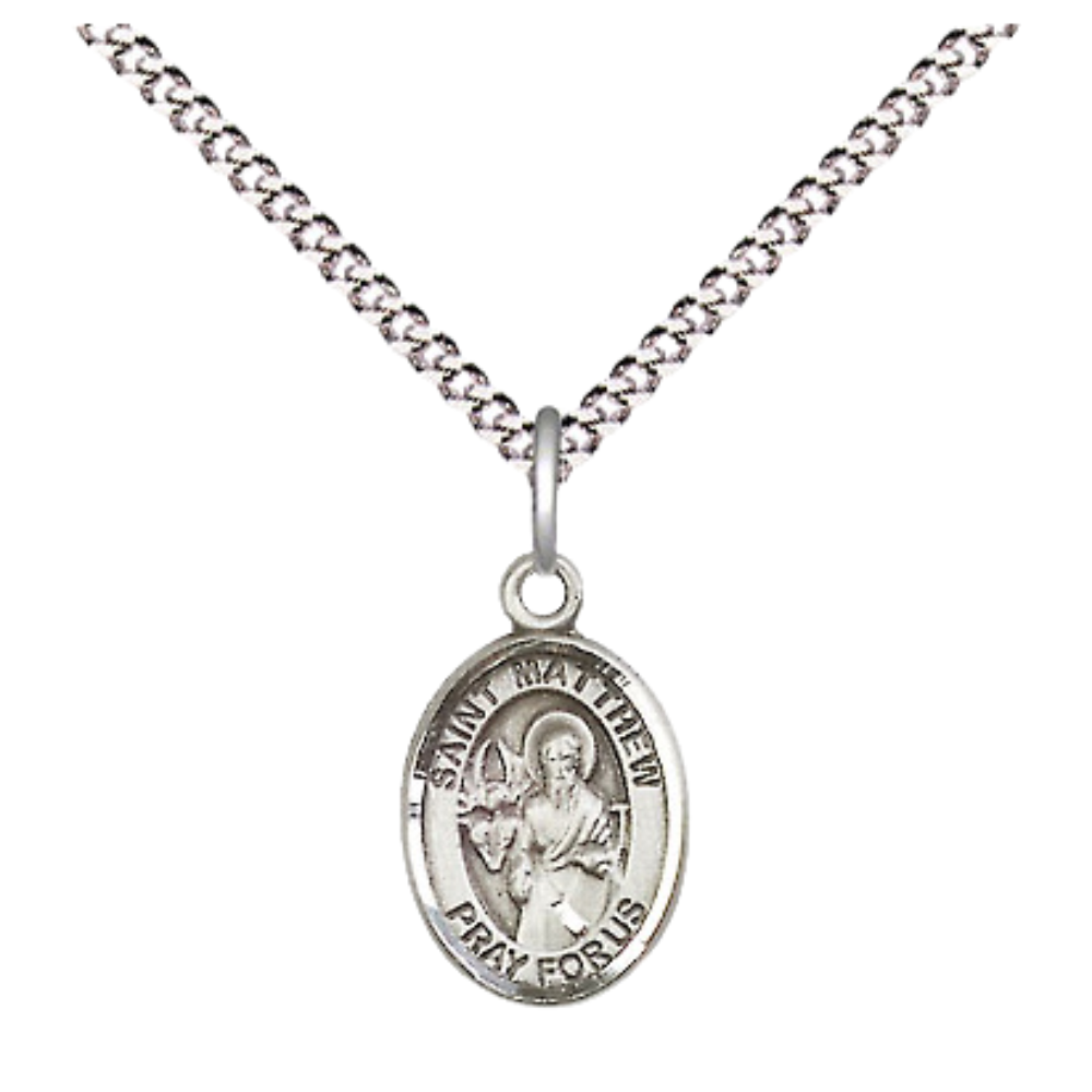 Small Sized Women's .925 Sterling Silver Saint St. Matthew the Apostle Medal Pendant on 18 Inch Rhodium Plated Lite Curb Brass Chain w/ Lobster Claw Clasp, Catholic Religious Necklace - Made in USA- Velvet Gift Box