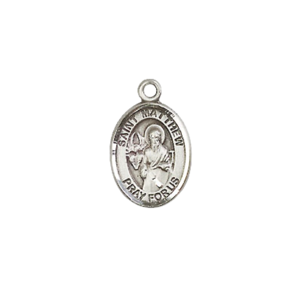 Small Sized Men's Pewter Saint St. Matthew the Apostle Medal Pendant on 24 Inch Endless Rhodium Plated Heavy Curb Brass Chain, Catholic Religious Necklace - Made in USA- Deluxe Velvet Gift Box