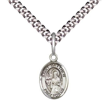 Small Sized Men's .925 Sterling Silver Saint St. Matthew the Apostle Medal Pendant on 24 Inch Endless Rhodium Plated Heavy Curb Brass Chain, Catholic Religious Necklace - Made in USA- Deluxe Velvet Gift Box