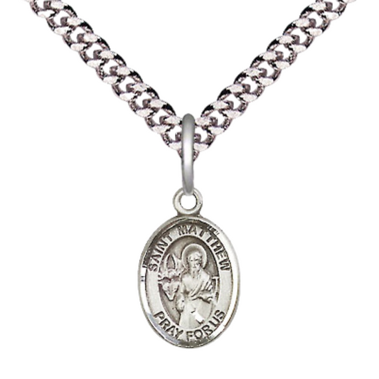 Small Sized Men's Pewter Saint St. Matthew the Apostle Medal Pendant on 24 Inch Endless Rhodium Plated Heavy Curb Brass Chain, Catholic Religious Necklace - Made in USA- Deluxe Velvet Gift Box