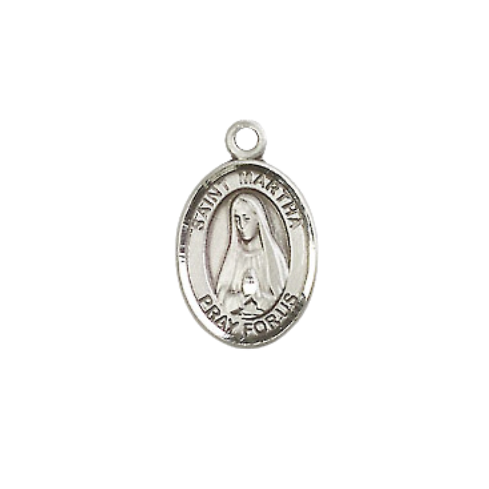 Small Sized Women's Pewter Saint St. Martha Medal Pendant on 18 Inch Rhodium Plated Lite Curb Brass Chain with Lobster Claw Clasp, Catholic Religious Necklace - Made in USA- Velvet Gift Box
