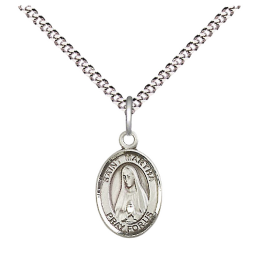 Small Sized Women's Pewter Saint St. Martha Medal Pendant on 18 Inch Rhodium Plated Lite Curb Brass Chain with Lobster Claw Clasp, Catholic Religious Necklace - Made in USA- Velvet Gift Box