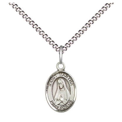 Small Sized Women's Pewter Saint St. Martha Medal Pendant on 18 Inch Rhodium Plated Lite Curb Brass Chain with Lobster Claw Clasp, Catholic Religious Necklace - Made in USA- Velvet Gift Box