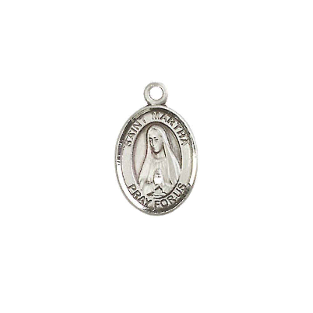 Small Sized Men's Pewter Saint St. Martha Medal Pendant on 24 Inch Endless Rhodium Plated Heavy Curb Brass Chain, Catholic Religious Necklace - Made in USA- Deluxe Velvet Gift Box