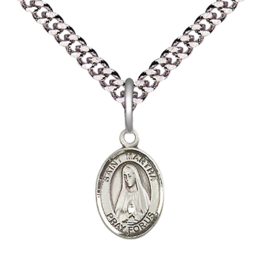 Small Sized Men's .925 Sterling Silver Saint St. Martha Medal Pendant on 24 Inch Endless Rhodium Plated Heavy Curb Brass Chain, Catholic Religious Necklace - Made in USA- Deluxe Velvet Gift Box