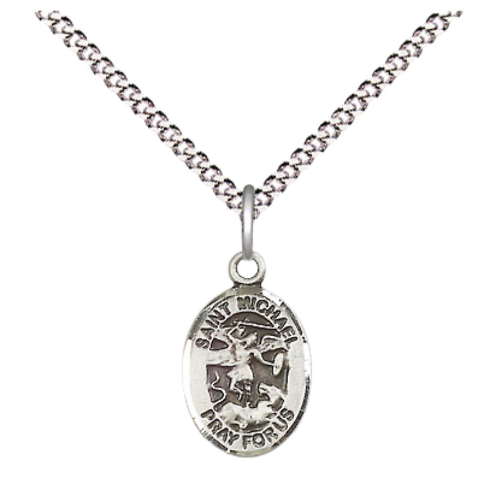 Small Sized Women's Pewter Saint St. Michael the Archangel Medal Pendant on 18 Inch Rhodium Plated Lite Curb Brass Chain with Lobster Claw Clasp, Catholic Religious Necklace - Made in USA- Velvet Gift Box