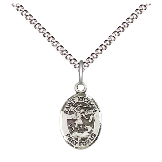 Small Sized Women's .925 Sterling Silver Saint St. Michael the Archangel Medal Pendant on 18 Inch Rhodium Plated Lite Curb Brass Chain w/ Lobster Claw Clasp, Catholic Religious Necklace - Made in USA- Velvet Gift Box