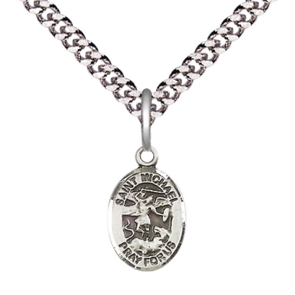 Small Sized Men's Pewter Saint St. Michael the Archangel Medal Pendant on 24 Inch Endless Rhodium Plated Heavy Curb Brass Chain, Catholic Religious Necklace - Made in USA- Deluxe Velvet Gift Box