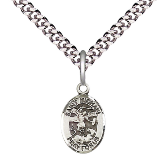 Small Sized Men's Pewter Saint St. Michael the Archangel Medal Pendant on 24 Inch Endless Rhodium Plated Heavy Curb Brass Chain, Catholic Religious Necklace - Made in USA- Deluxe Velvet Gift Box