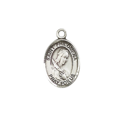 Small Sized Pewter Saint St. Philomena Medal Pendant on 18 Inch Rhodium Plated Lite Curb Brass Chain with Lobster Claw Clasp, Catholic Religious Necklace - Made in USA- Velvet Gift Box