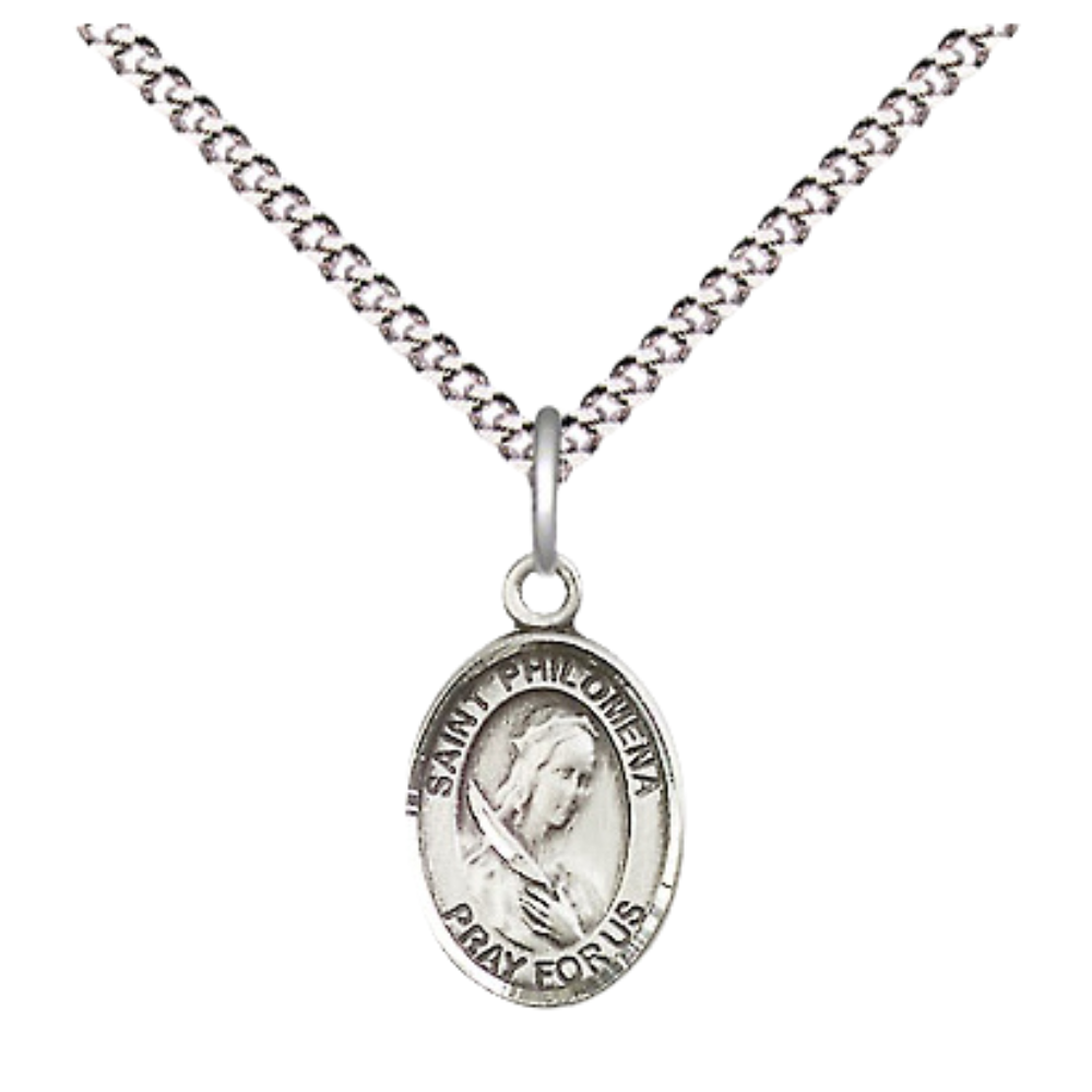 Small Sized .925 Sterling Silver Saint St. Philomena Medal Pendant on 18 Inch Rhodium Plated Lite Curb Brass Chain with Lobster Claw Clasp, Catholic Religious Necklace - Made in USA- Velvet Gift Box