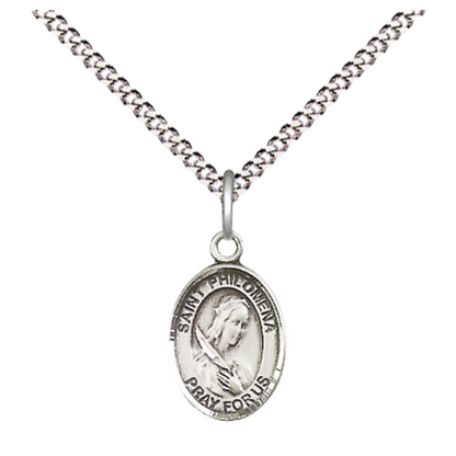 Small Sized Pewter Saint St. Philomena Medal Pendant on 18 Inch Rhodium Plated Lite Curb Brass Chain with Lobster Claw Clasp, Catholic Religious Necklace - Made in USA- Velvet Gift Box