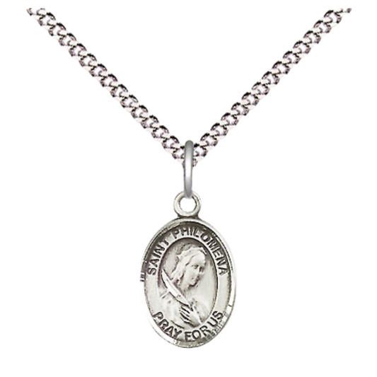Small Sized Pewter Saint St. Philomena Medal Pendant on 18 Inch Rhodium Plated Lite Curb Brass Chain with Lobster Claw Clasp, Catholic Religious Necklace - Made in USA- Velvet Gift Box