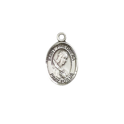 Small Sized Men's Pewter Saint St. Philomena Medal Pendant on 24 Inch Endless Rhodium Plated Heavy Curb Brass Chain, Catholic Religious Necklace - Made in USA- Deluxe Velvet Gift Box