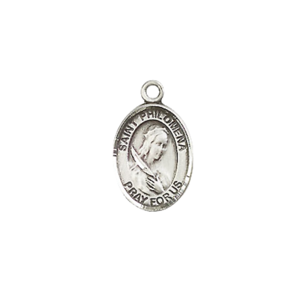Small Sized Men's Pewter Saint St. Philomena Medal Pendant on 24 Inch Endless Rhodium Plated Heavy Curb Brass Chain, Catholic Religious Necklace - Made in USA- Deluxe Velvet Gift Box