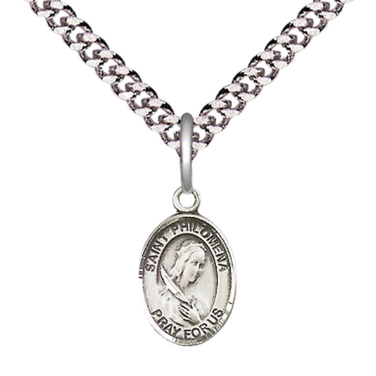 Small Sized Men's Pewter Saint St. Philomena Medal Pendant on 24 Inch Endless Rhodium Plated Heavy Curb Brass Chain, Catholic Religious Necklace - Made in USA- Deluxe Velvet Gift Box