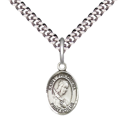 Small Sized Men's Pewter Saint St. Philomena Medal Pendant on 24 Inch Endless Rhodium Plated Heavy Curb Brass Chain, Catholic Religious Necklace - Made in USA- Deluxe Velvet Gift Box