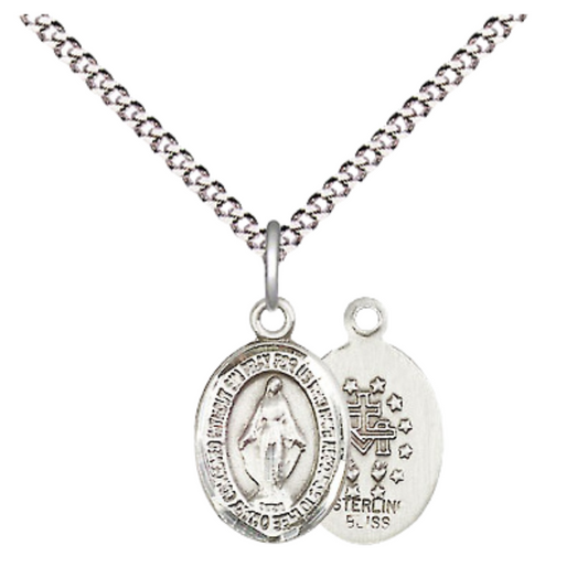 Small Sized Women's .925 Sterling Silver Miraculous Medal Pendant on 18 Inch Rhodium Plated Lite Curb Brass Chain with Lobster Claw Clasp, Catholic Religious Necklace - Made in USA- Velvet Gift Box