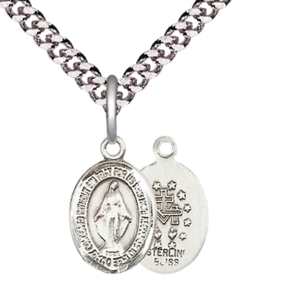 Small Sized Men's .925 Sterling Silver Miraculous Medal Pendant on 24 Inch Endless Rhodium Plated Heavy Curb Brass Chain, Catholic Religious Necklace - Made in USA- Deluxe Velvet Gift Box