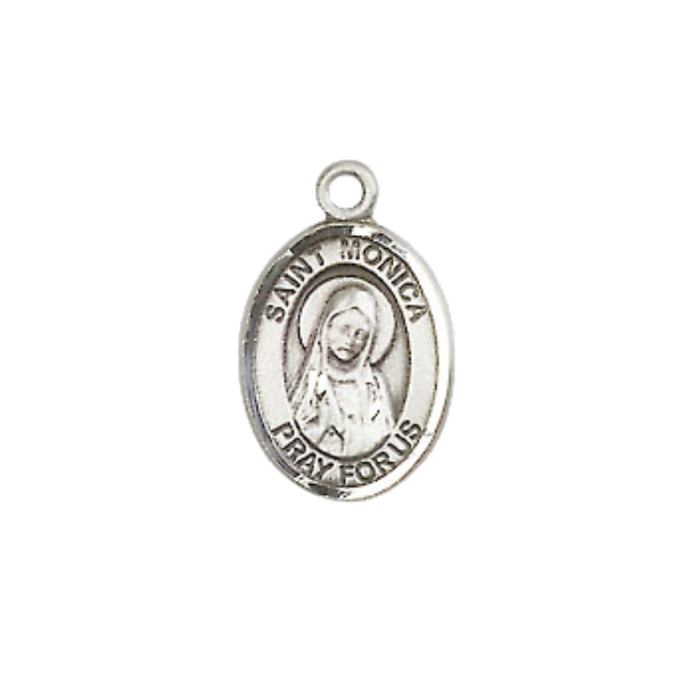 Small Sized Women's Pewter Saint Monica Medal Pendant on 18 Inch Rhodium Plated Lite Curb Brass Chain with Lobster Claw Clasp, Catholic Religious Necklace - Made in USA- Velvet Gift Box