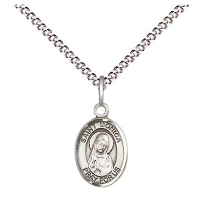 Small Sized Women's Pewter Saint Monica Medal Pendant on 18 Inch Rhodium Plated Lite Curb Brass Chain with Lobster Claw Clasp, Catholic Religious Necklace - Made in USA- Velvet Gift Box