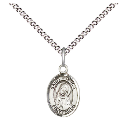 Small Sized Women's Pewter Saint Monica Medal Pendant on 18 Inch Rhodium Plated Lite Curb Brass Chain with Lobster Claw Clasp, Catholic Religious Necklace - Made in USA- Velvet Gift Box