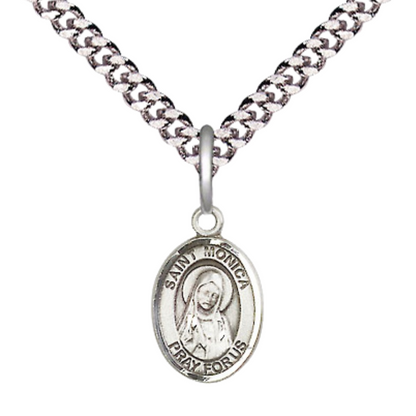 Small Sized Men's Pewter Saint St. Monica Medal Pendant on 24 Inch Endless Rhodium Plated Heavy Curb Brass Chain, Catholic Religious Necklace - Made in USA- Deluxe Velvet Gift Box