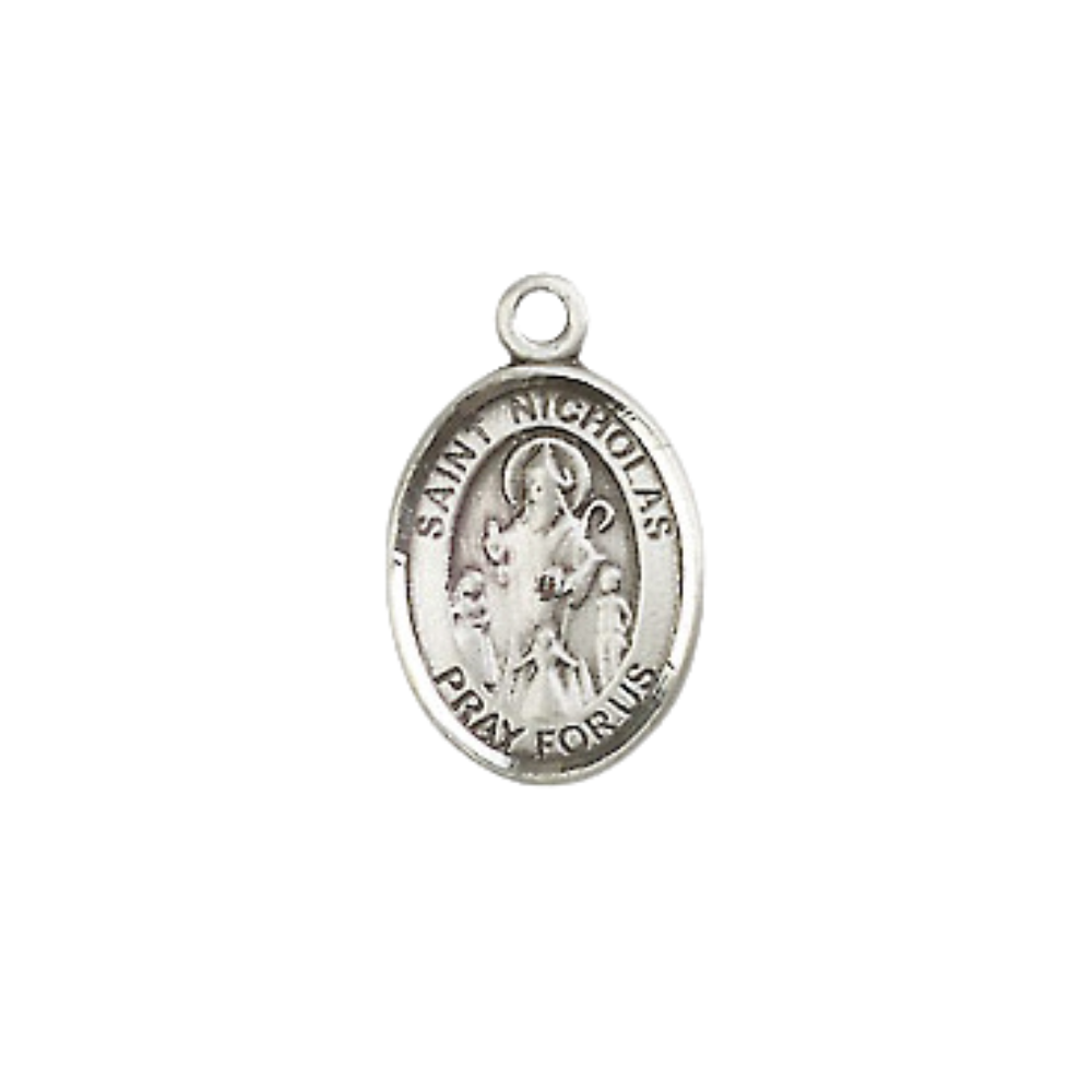 Small Sized .925 Sterling Silver Saint Nicholas Medal Pendant on 18 Inch Rhodium Plated Lite Curb Brass Chain with Lobster Claw Clasp, Catholic Religious Necklace - Made in USA- Velvet Gift Box
