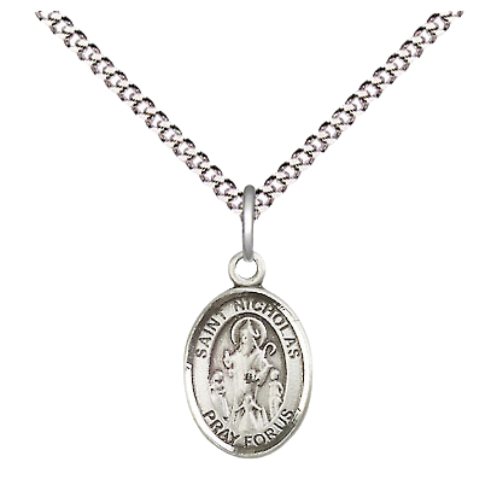 Small Sized Pewter Saint St. Nicholas Medal Pendant on 18 Inch Rhodium Plated Lite Curb Brass Chain with Lobster Claw Clasp, Catholic Religious Necklace - Made in USA- Velvet Gift Box