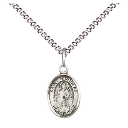 Small Sized Pewter Saint St. Nicholas Medal Pendant on 18 Inch Rhodium Plated Lite Curb Brass Chain with Lobster Claw Clasp, Catholic Religious Necklace - Made in USA- Velvet Gift Box