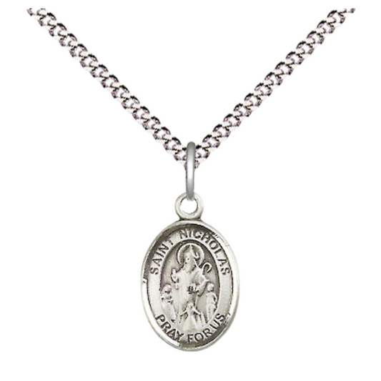 Small Sized Pewter Saint St. Nicholas Medal Pendant on 18 Inch Rhodium Plated Lite Curb Brass Chain with Lobster Claw Clasp, Catholic Religious Necklace - Made in USA- Velvet Gift Box