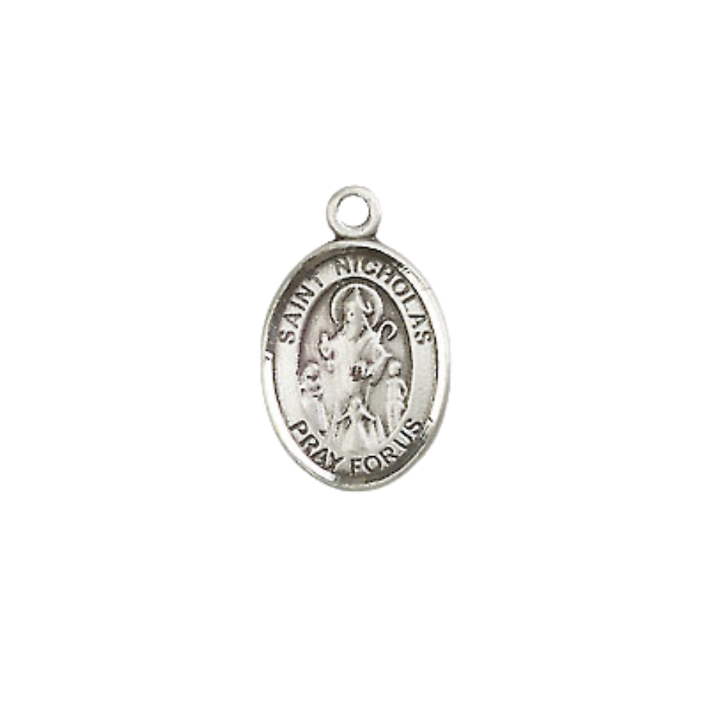 Small Sized .925 Sterling Silver Saint St. Nicholas Medal Pendant on 24 Inch Endless Rhodium Plated Heavy Curb Brass Chain, Catholic Religious Necklace - Made in USA- Deluxe Velvet Gift Box