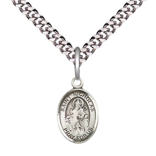 Small Sized Men's Pewter Saint St. Nicholas Medal Pendant on 24 Inch Endless Rhodium Plated Heavy Curb Brass Chain, Catholic Religious Necklace - Made in USA- Deluxe Velvet Gift Box