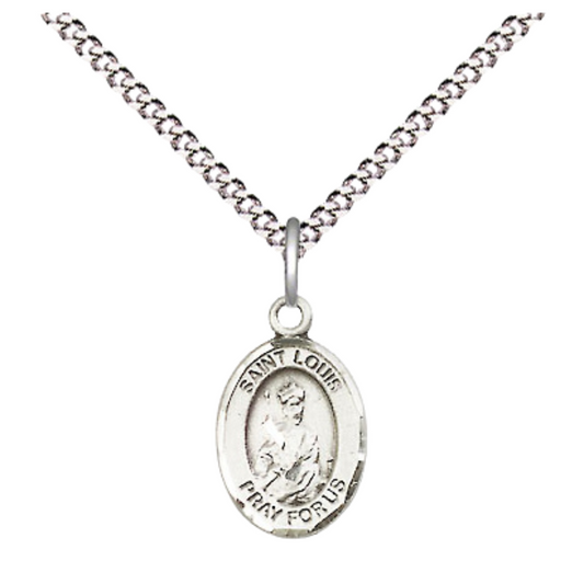Small Sized Women's Pewter Saint St. Louis Medal Pendant on 18 Inch Rhodium Plated Lite Curb Brass Chain with Lobster Claw Clasp, Catholic Religious Necklace - Made in USA- Velvet Gift Box
