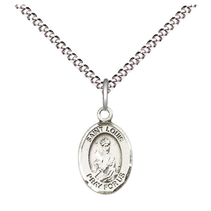 Small Sized Women's Pewter Saint St. Louis Medal Pendant on 18 Inch Rhodium Plated Lite Curb Brass Chain with Lobster Claw Clasp, Catholic Religious Necklace - Made in USA- Velvet Gift Box