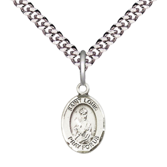 Everlasting Light Jewelry Small Sized Men's Pewter Saint St. Louis Medal Pendant on 24 Inch Endless Rhodium Plated Heavy Curb Brass Chain, Catholic Religious Necklace - Made in USA- Deluxe Velvet Gift Box