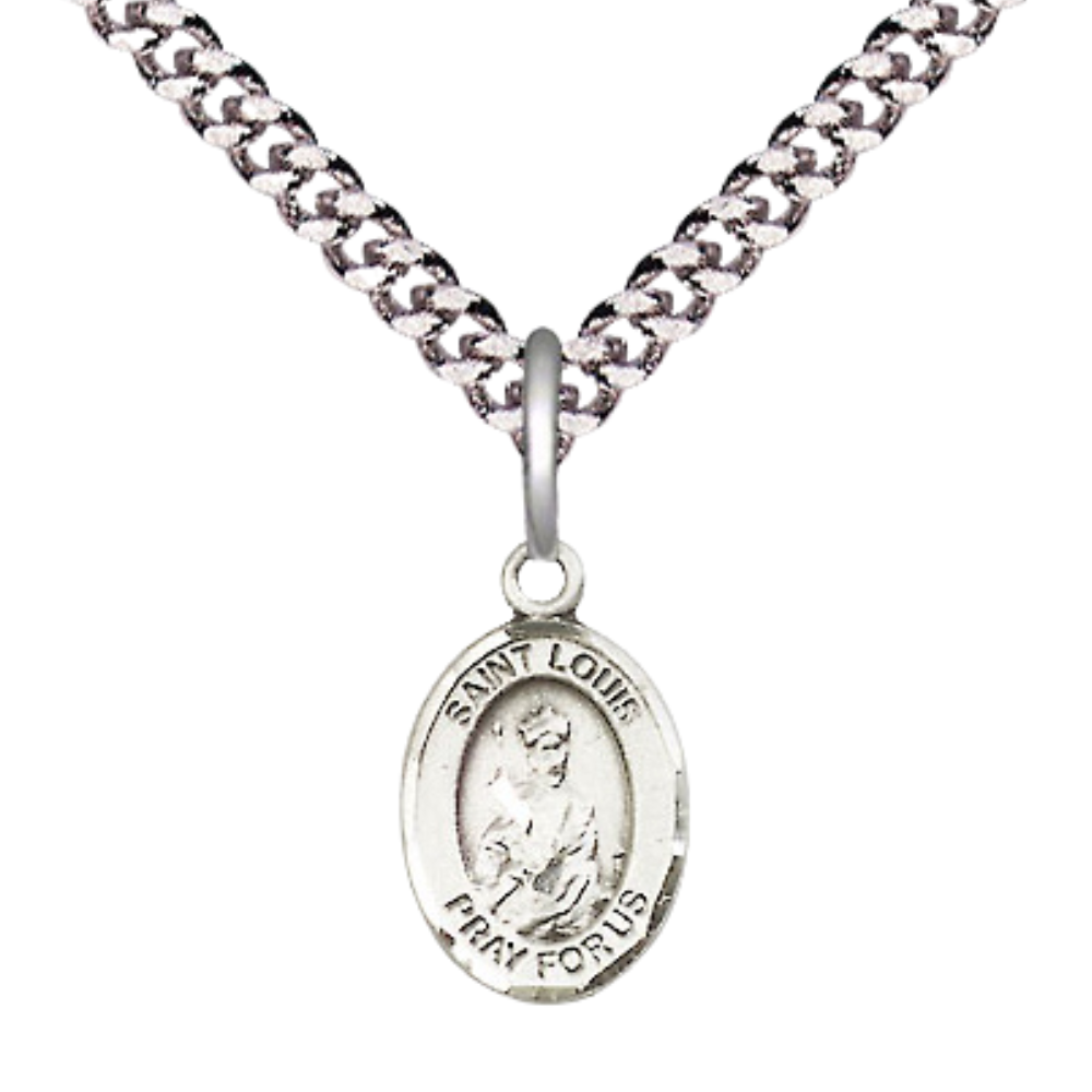 Small Sized Men's .925 Sterling Silver Saint St. Louis Medal Pendant on 24 Inch Endless Rhodium Plated Heavy Curb Brass Chain, Catholic Religious Necklace - Made in USA- Deluxe Velvet Gift Box