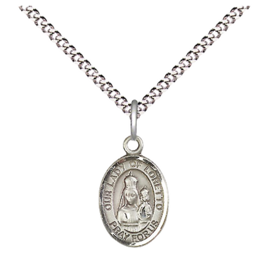 Small Sized Women's .925 Sterling Silver Our Lady of Loretto Medal Pendant on 18 Inch Rhodium Plated Lite Curb Brass Chain with Lobster Claw Clasp, Catholic Religious Necklace - Made in USA- Velvet Gift Box