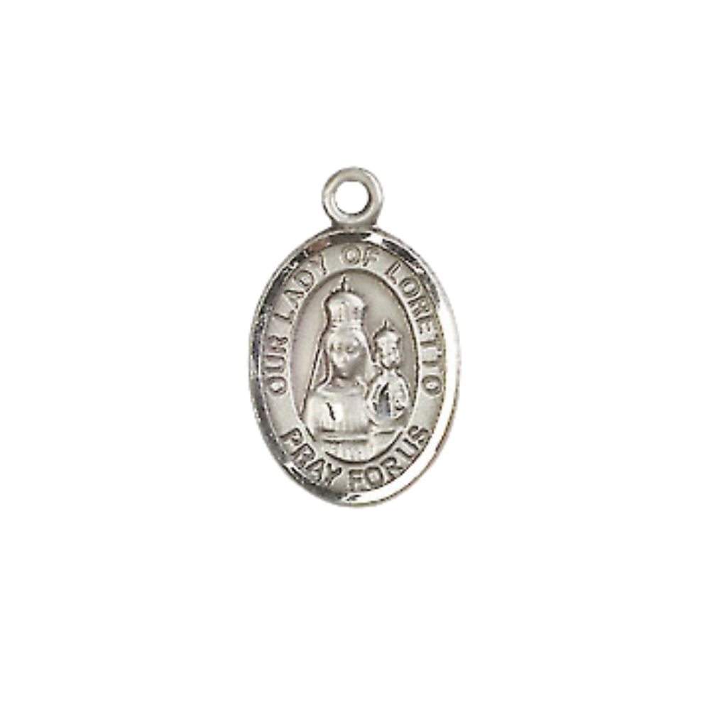 Small Sized Women's .925 Sterling Silver Our Lady of Loretto Medal Pendant on 18 Inch Rhodium Plated Lite Curb Brass Chain with Lobster Claw Clasp, Catholic Religious Necklace - Made in USA- Velvet Gift Box