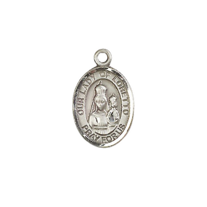 Small Sized Women's .925 Sterling Silver Our Lady of Loretto Medal Pendant on 18 Inch Rhodium Plated Lite Curb Brass Chain with Lobster Claw Clasp, Catholic Religious Necklace - Made in USA- Velvet Gift Box