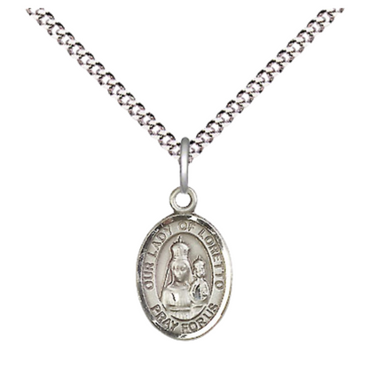 Small Sized Women's Pewter Our Lady of Loretto Medal Pendant on 18 Inch Rhodium Plated Lite Curb Brass Chain with Lobster Claw Clasp, Catholic Religious Necklace - Made in USA- Velvet Gift Box